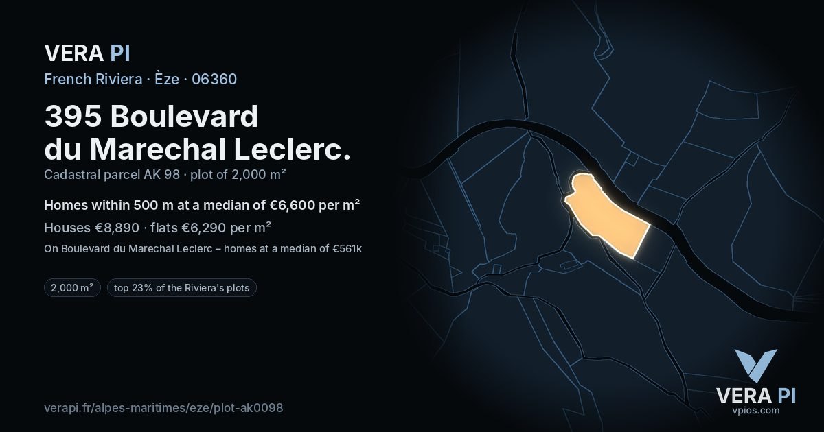 395 Boulevard du Marechal Leclerc, Èze at night – the plot lit, the parcels around coloured by the prices near them