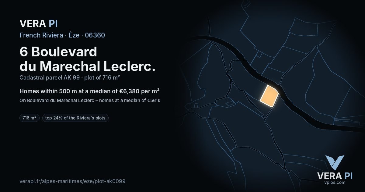6 Boulevard du Marechal Leclerc, Èze at night – the plot lit, the parcels around coloured by the prices near them