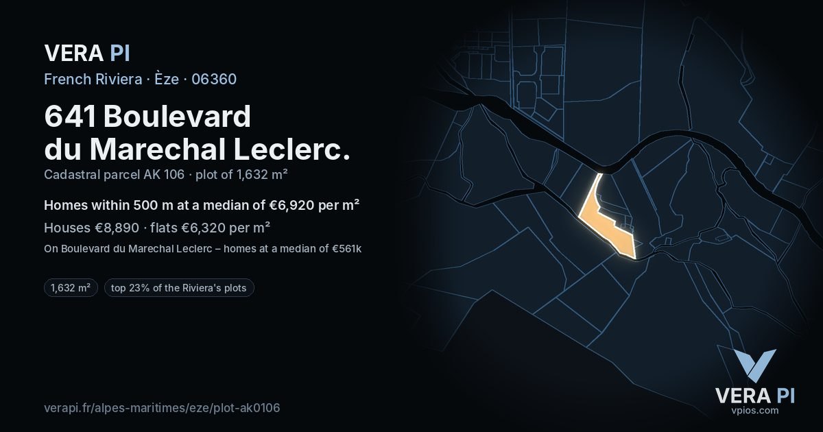 641 Boulevard du Marechal Leclerc, Èze at night – the plot lit, the parcels around coloured by the prices near them