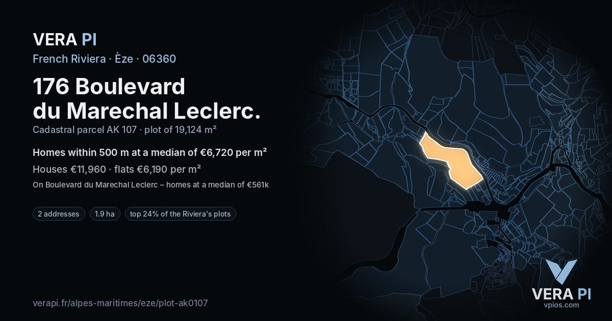 176 Boulevard du Marechal Leclerc, Èze at night – the plot lit, the parcels around coloured by the prices near them