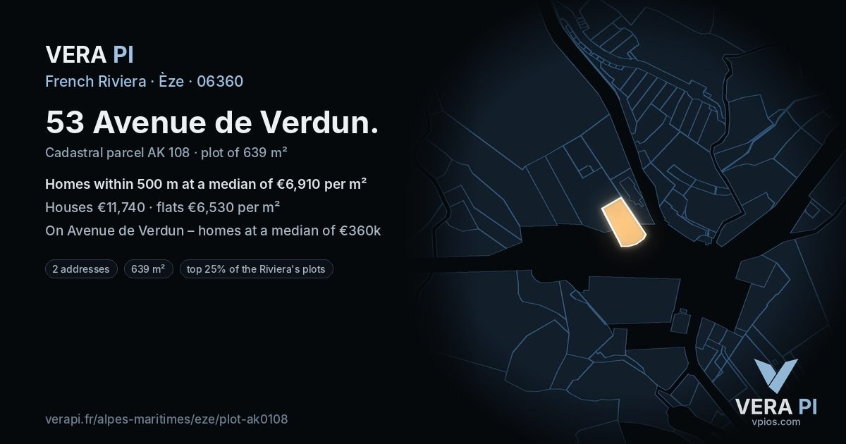 53 Avenue de Verdun, Èze at night – the plot lit, the parcels around coloured by the prices near them