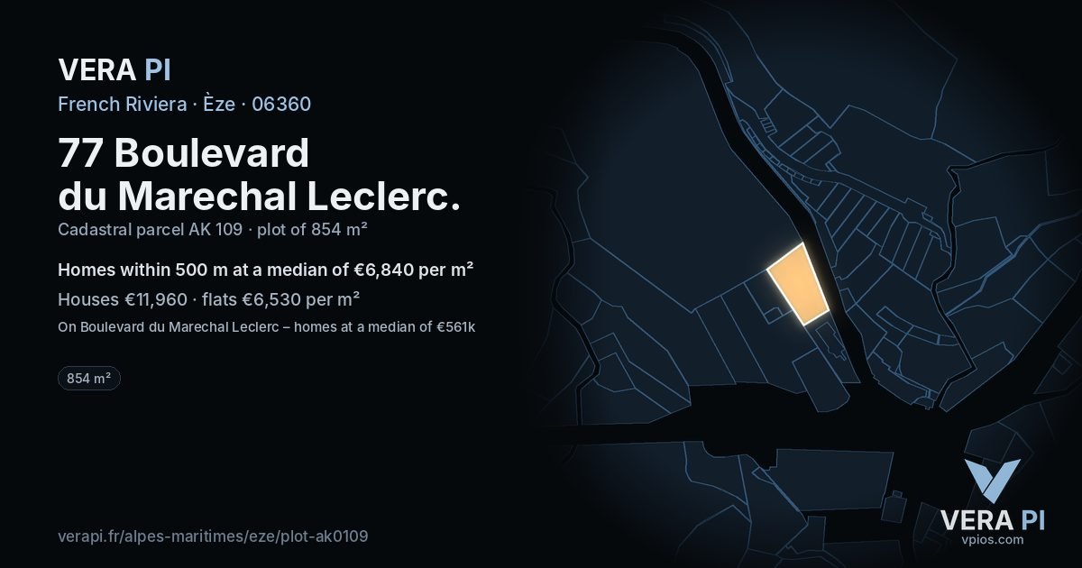 77 Boulevard du Marechal Leclerc, Èze at night – the plot lit, the parcels around coloured by the prices near them
