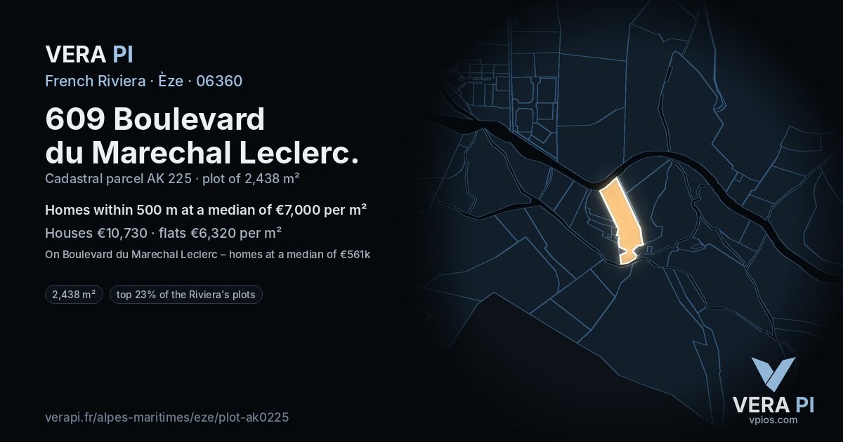 609 Boulevard du Marechal Leclerc, Èze at night – the plot lit, the parcels around coloured by the prices near them