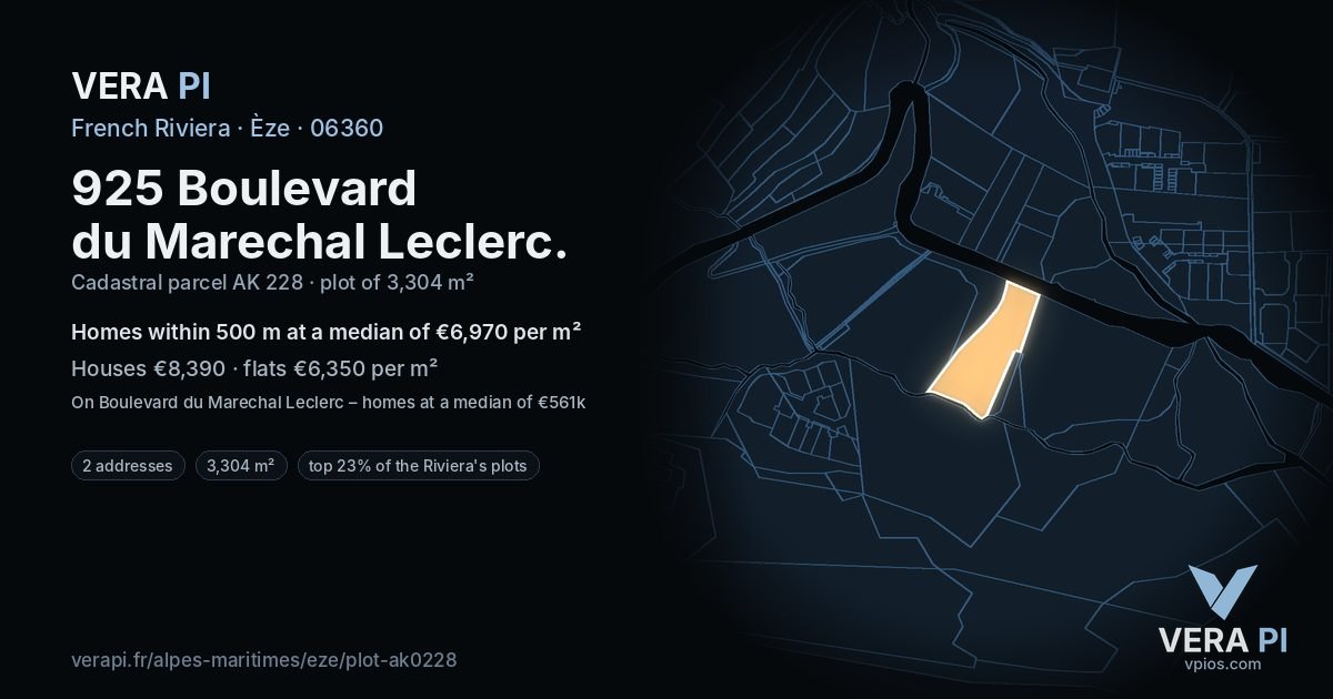925 Boulevard du Marechal Leclerc, Èze at night – the plot lit, the parcels around coloured by the prices near them