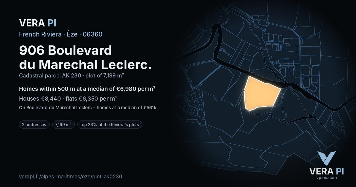 906 Boulevard du Marechal Leclerc, Èze at night – the plot lit, the parcels around coloured by the prices near them