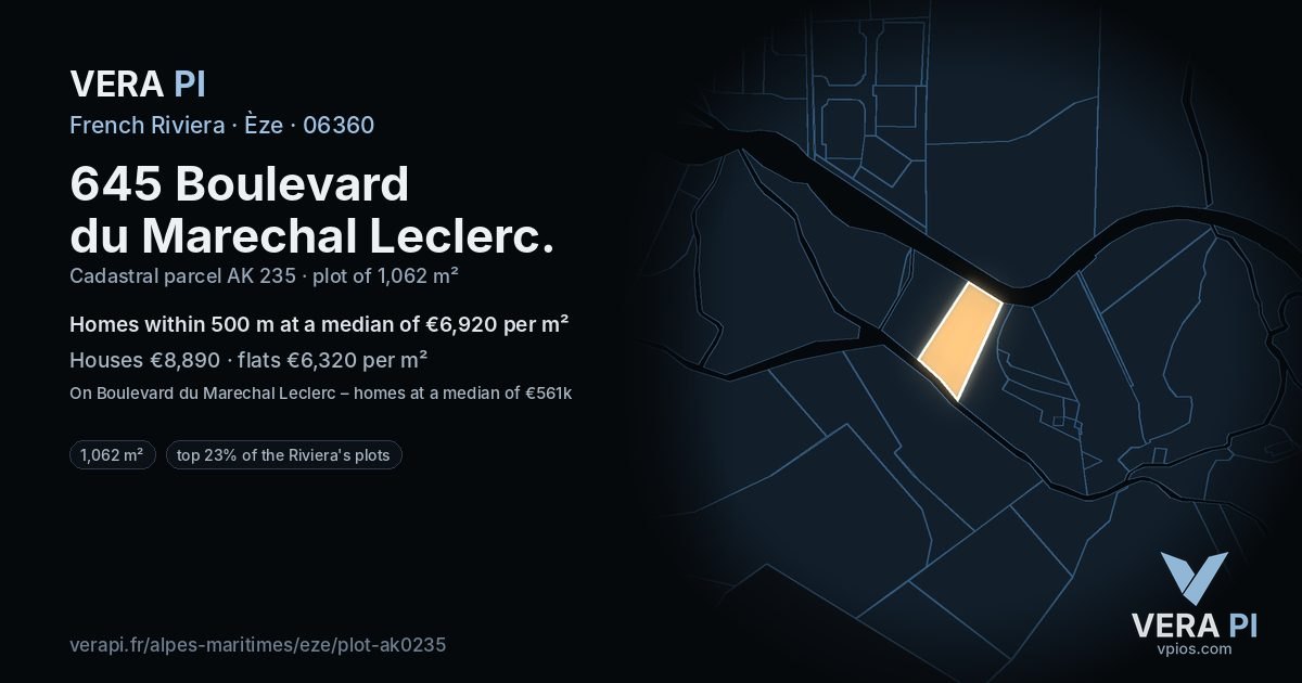 645 Boulevard du Marechal Leclerc, Èze at night – the plot lit, the parcels around coloured by the prices near them