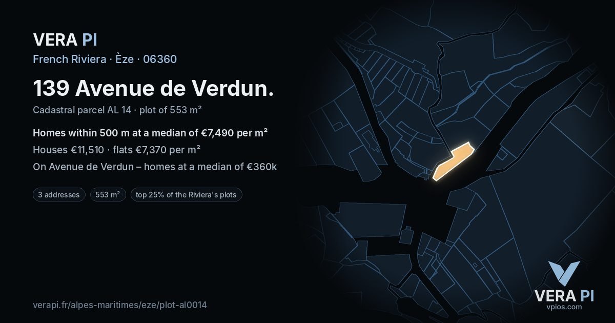 139 Avenue de Verdun, Èze at night – the plot lit, the parcels around coloured by the prices near them
