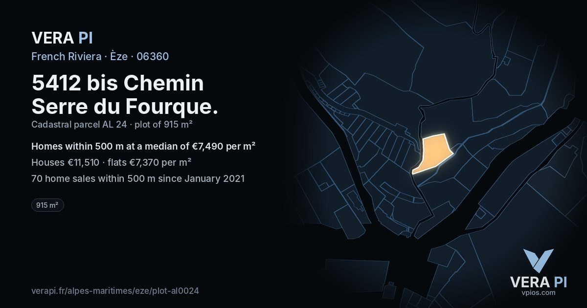 5412 bis Chemin Serre du Fourque, Èze at night – the plot lit, the parcels around coloured by the prices near them