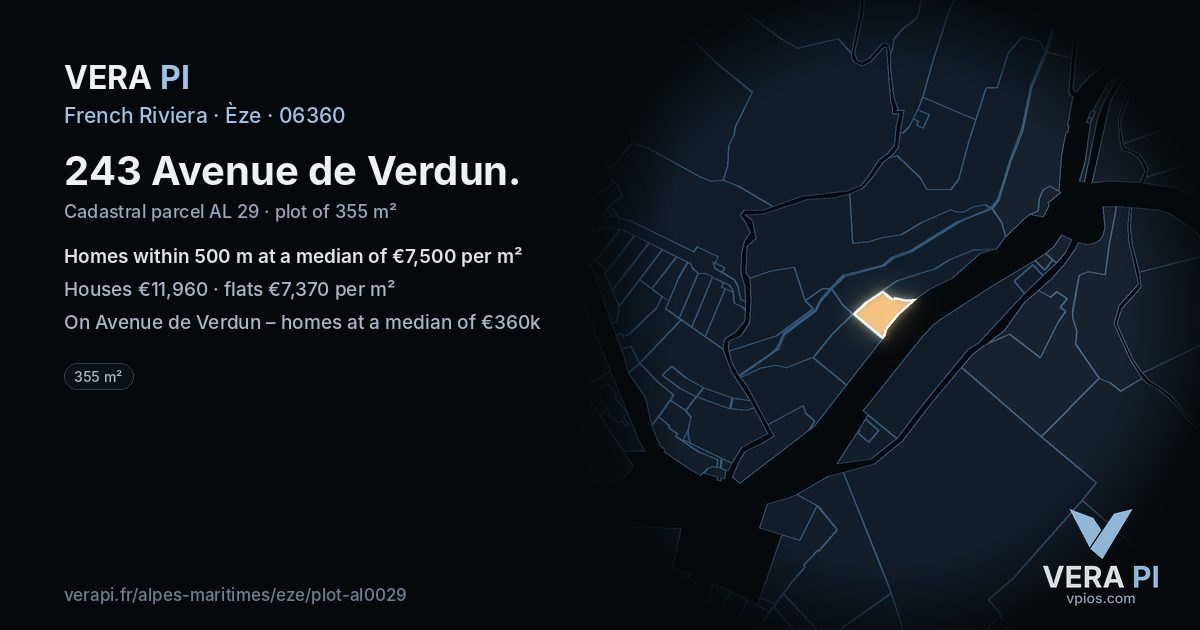 243 Avenue de Verdun, Èze at night – the plot lit, the parcels around coloured by the prices near them