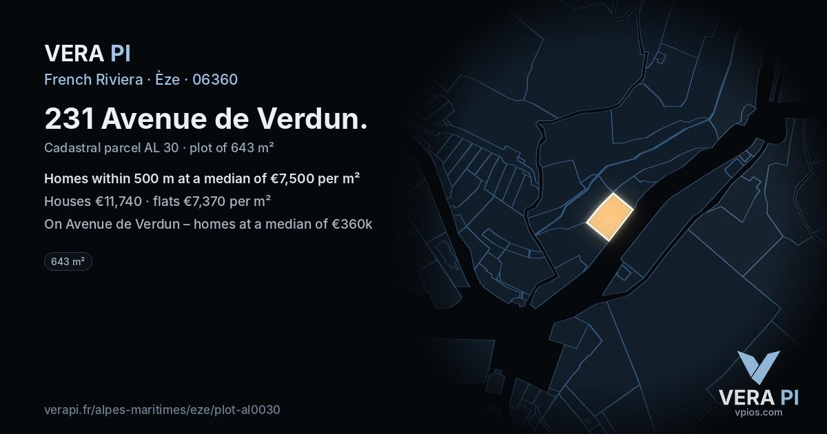 231 Avenue de Verdun, Èze at night – the plot lit, the parcels around coloured by the prices near them