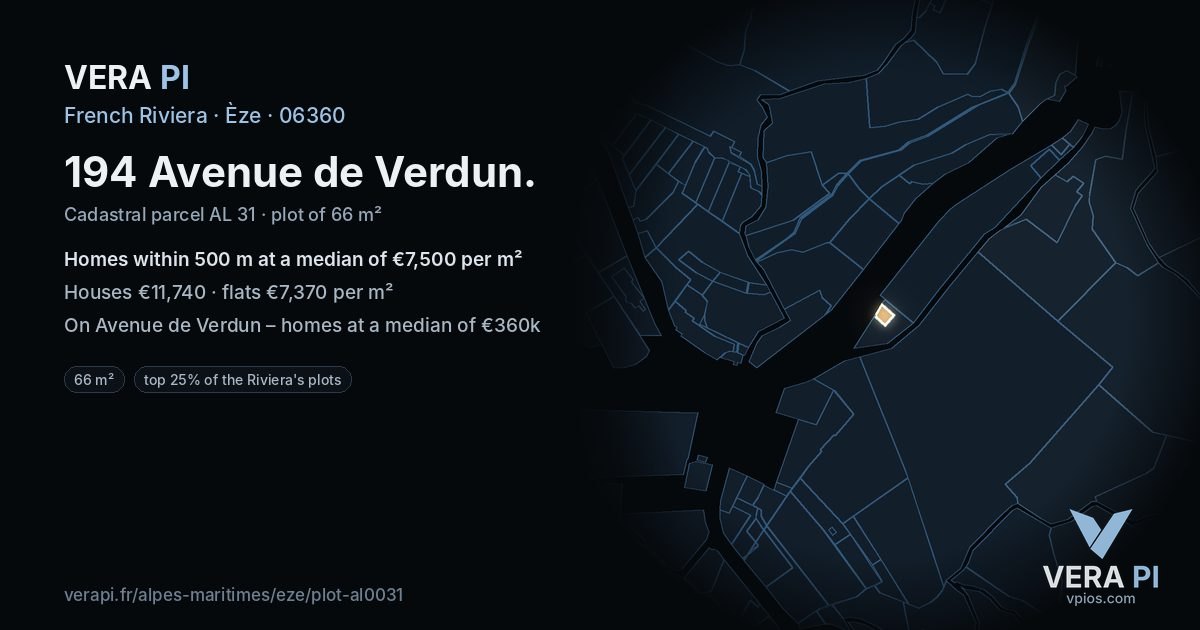 194 Avenue de Verdun, Èze at night – the plot lit, the parcels around coloured by the prices near them