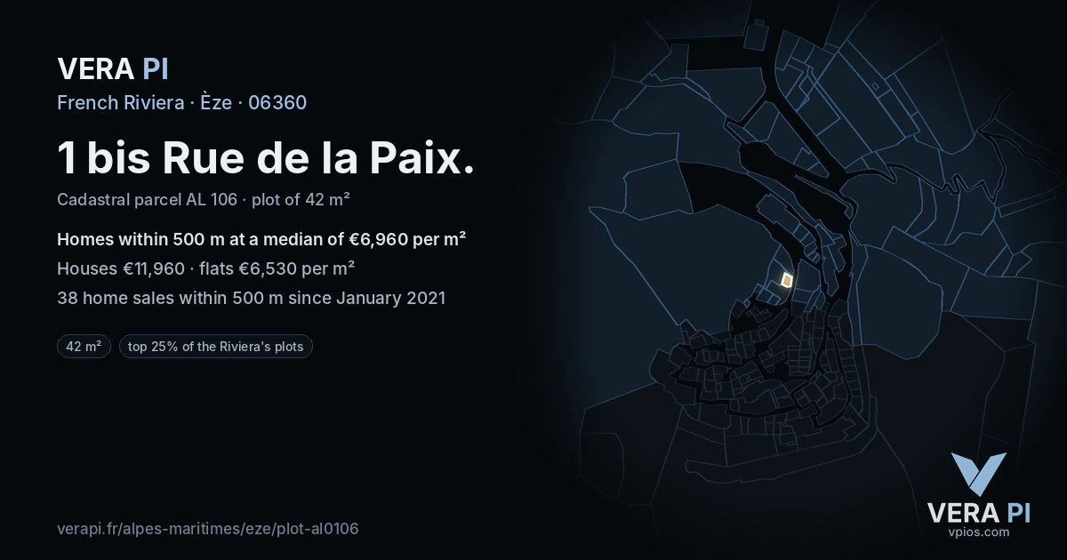 1 bis Rue de la Paix, Èze at night – the plot lit, the parcels around coloured by the prices near them