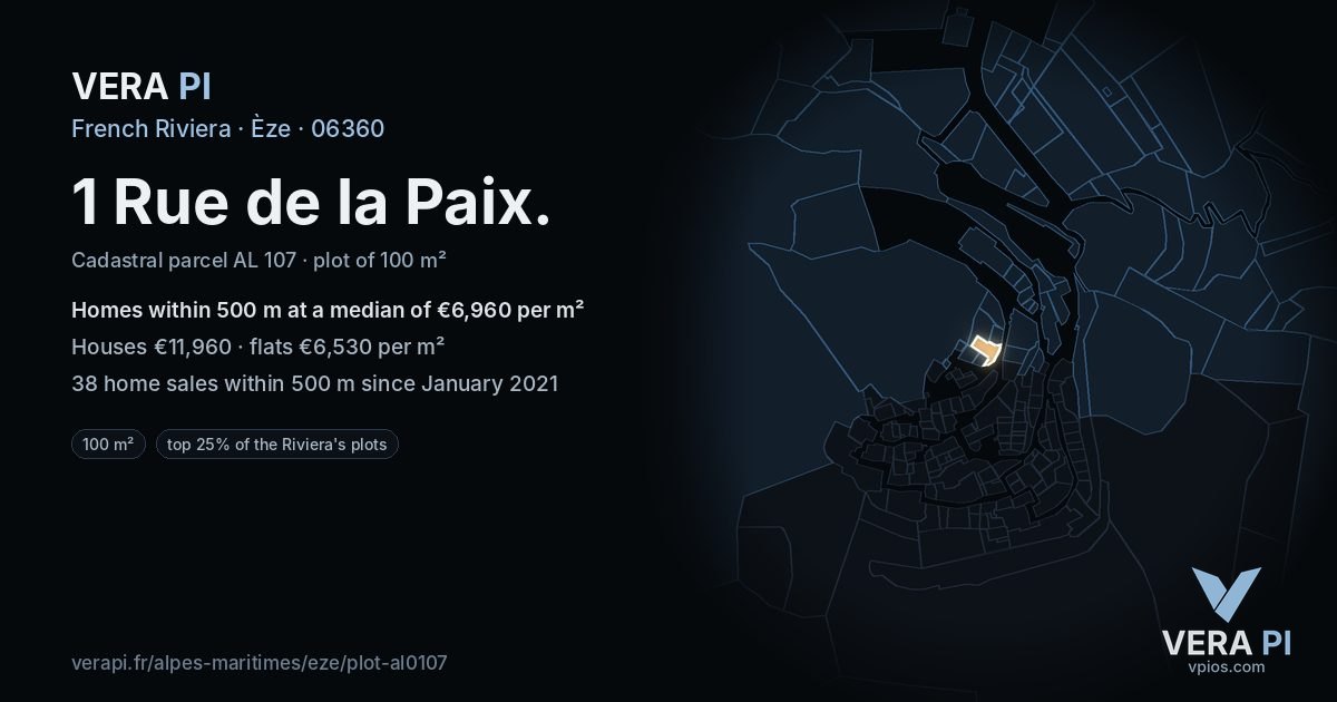 1 Rue de la Paix, Èze at night – the plot lit, the parcels around coloured by the prices near them