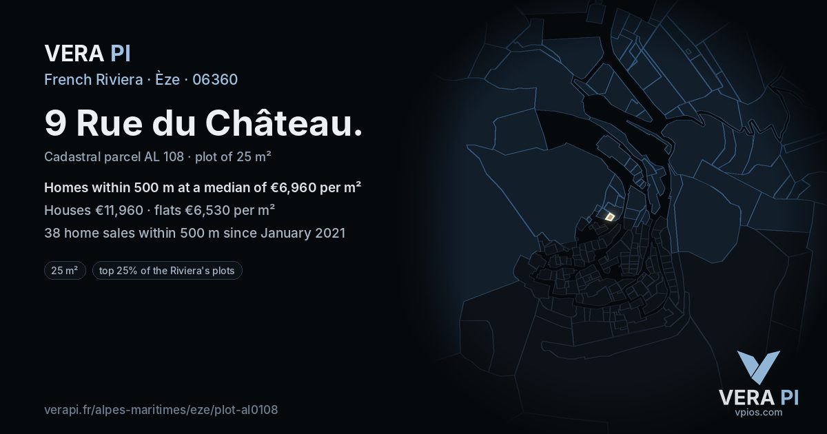 9 Rue du Château, Èze at night – the plot lit, the parcels around coloured by the prices near them