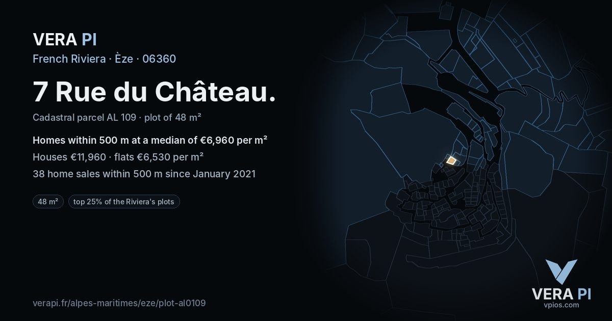 7 Rue du Château, Èze at night – the plot lit, the parcels around coloured by the prices near them