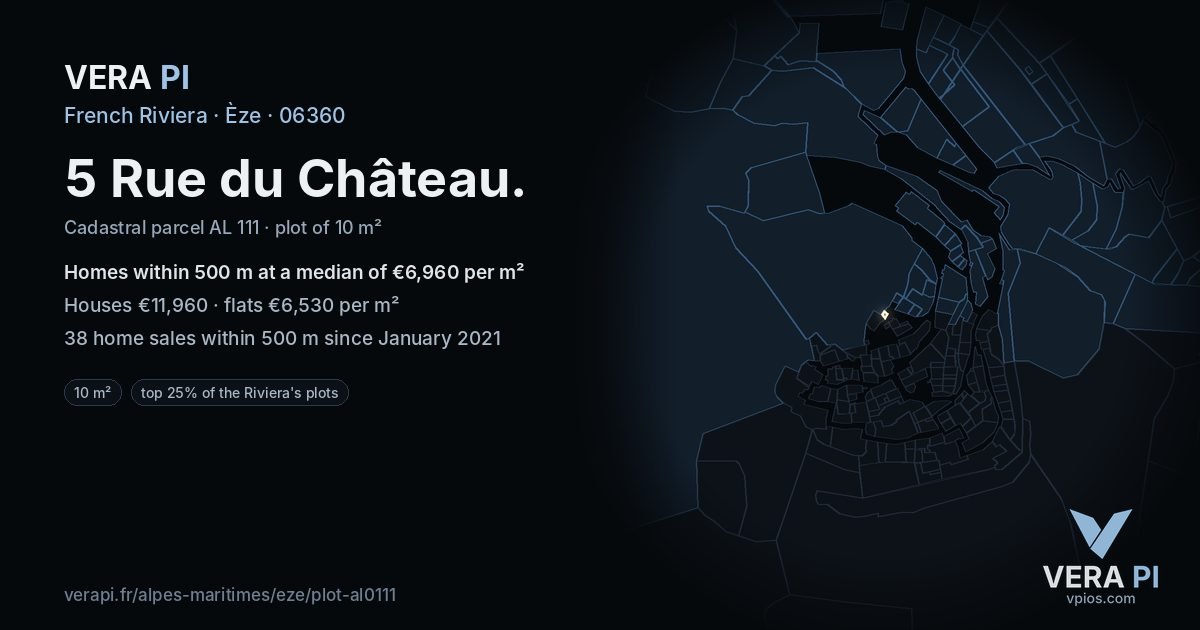5 Rue du Château, Èze at night – the plot lit, the parcels around coloured by the prices near them