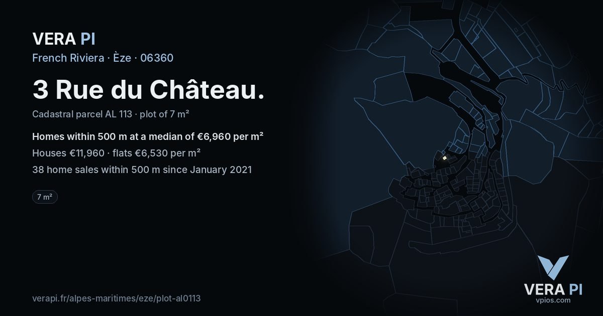 3 Rue du Château, Èze at night – the plot lit, the parcels around coloured by the prices near them