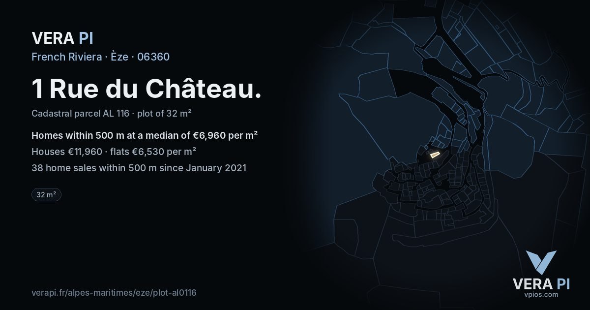 1 Rue du Château, Èze at night – the plot lit, the parcels around coloured by the prices near them