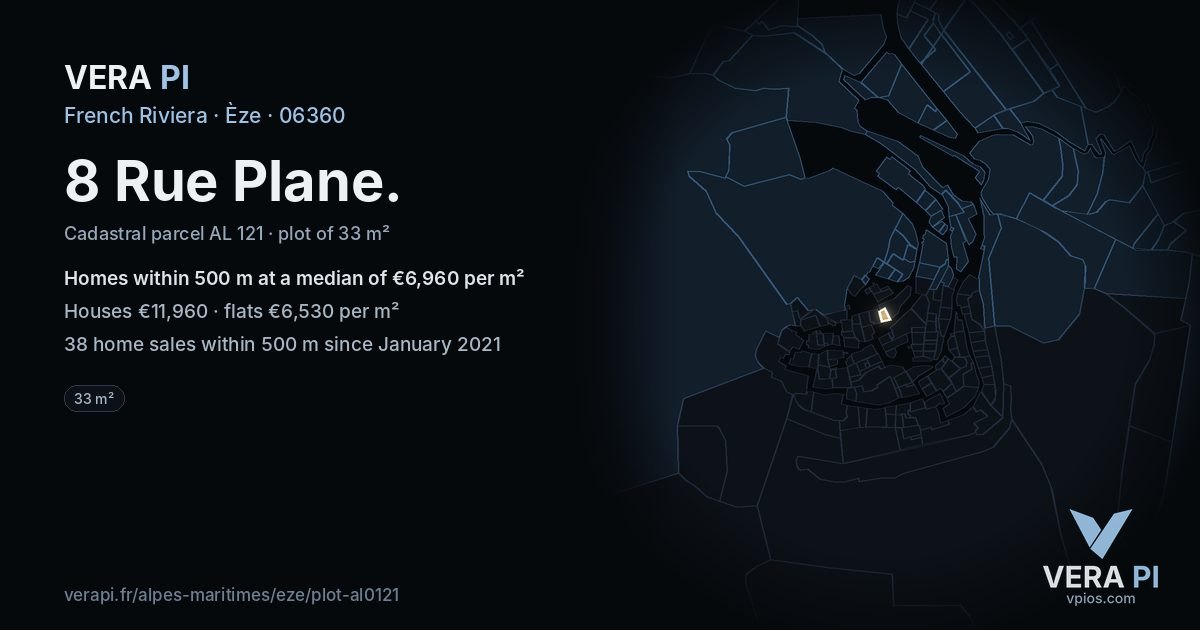 8 Rue Plane, Èze at night – the plot lit, the parcels around coloured by the prices near them