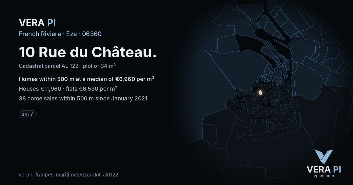 10 Rue du Château, Èze at night – the plot lit, the parcels around coloured by the prices near them