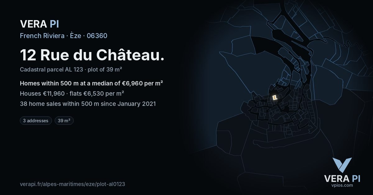 12 Rue du Château, Èze at night – the plot lit, the parcels around coloured by the prices near them
