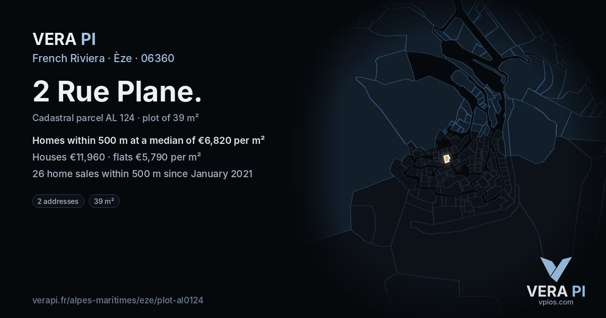 2 Rue Plane, Èze at night – the plot lit, the parcels around coloured by the prices near them