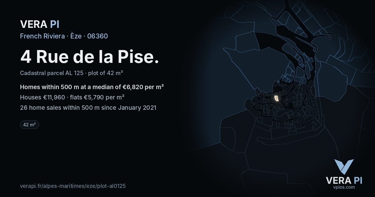 4 Rue de la Pise, Èze at night – the plot lit, the parcels around coloured by the prices near them