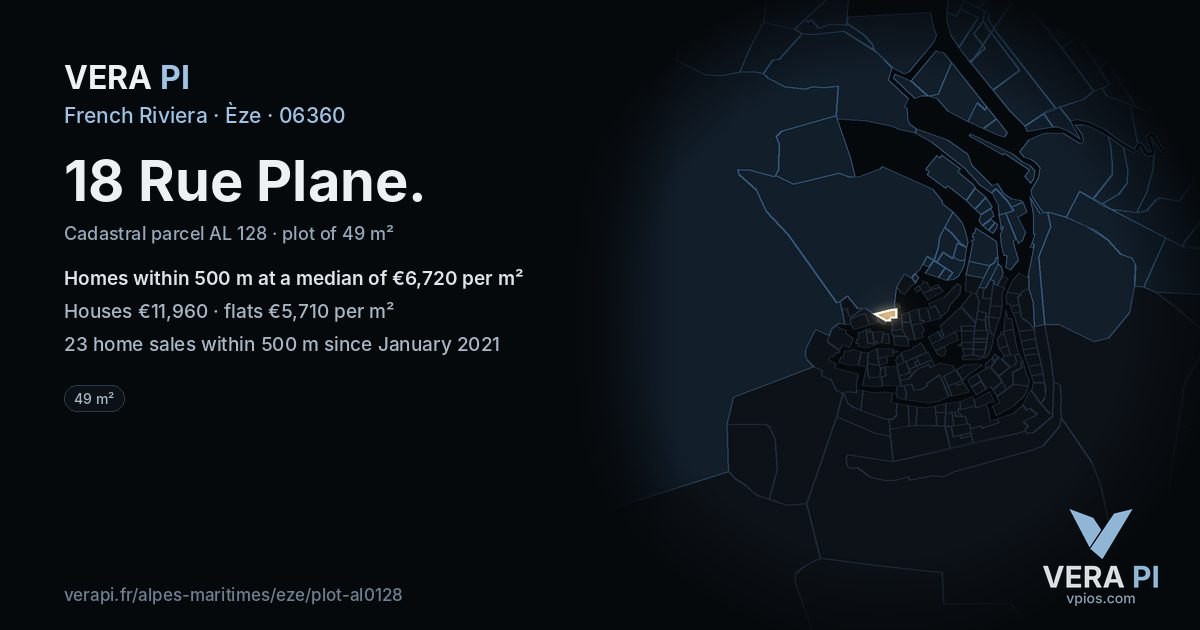 18 Rue Plane, Èze at night – the plot lit, the parcels around coloured by the prices near them