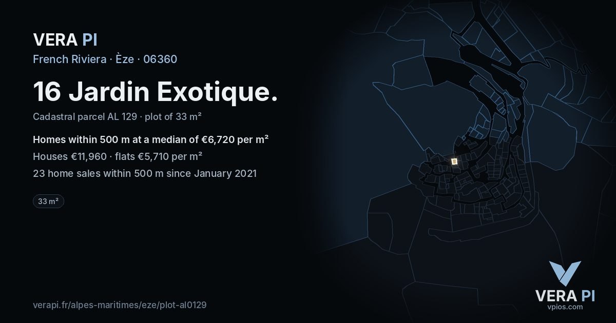 16 Jardin Exotique, Èze at night – the plot lit, the parcels around coloured by the prices near them