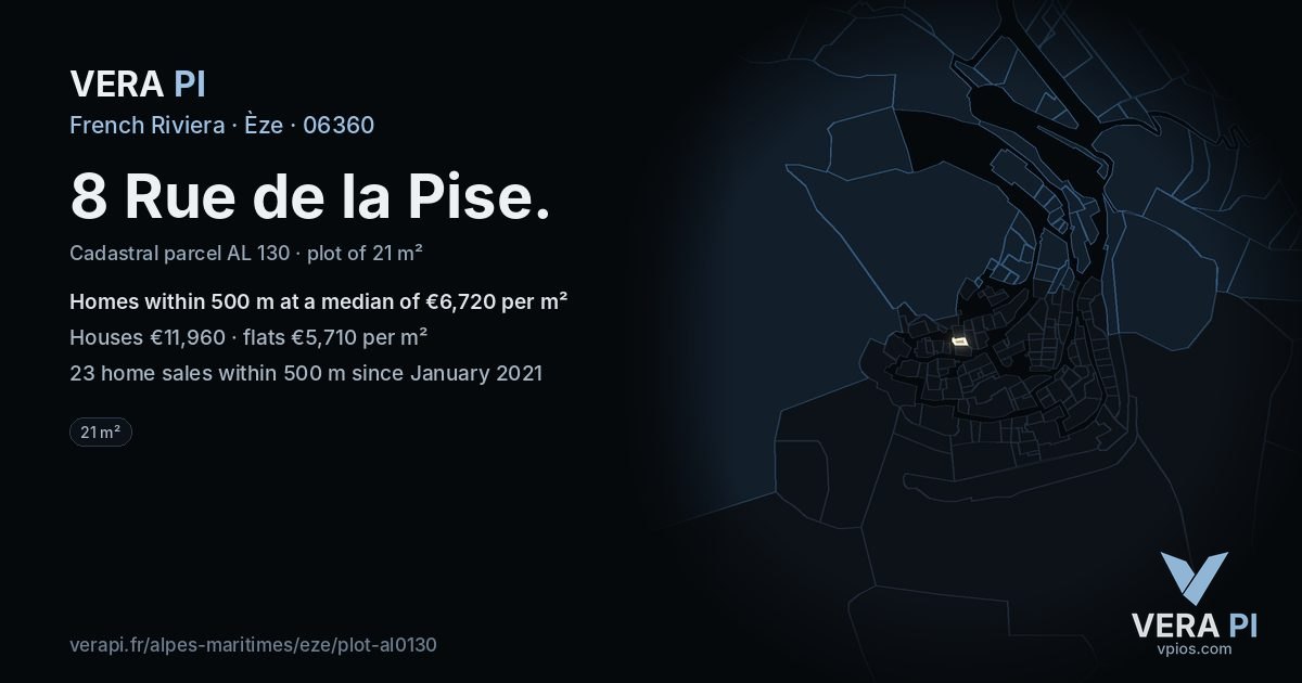 8 Rue de la Pise, Èze at night – the plot lit, the parcels around coloured by the prices near them