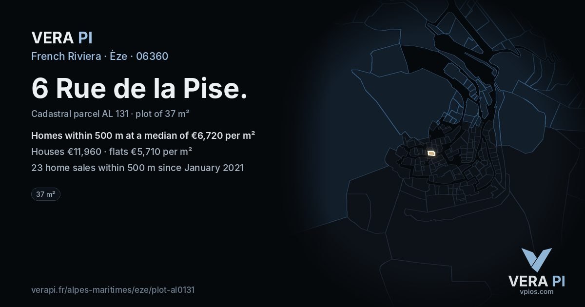 6 Rue de la Pise, Èze at night – the plot lit, the parcels around coloured by the prices near them