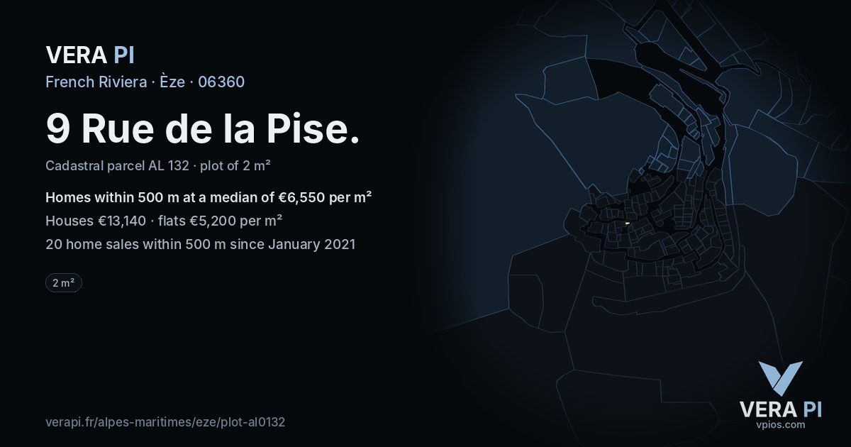 9 Rue de la Pise, Èze at night – the plot lit, the parcels around coloured by the prices near them