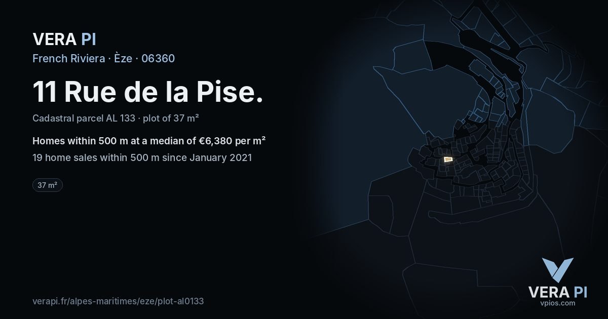 11 Rue de la Pise, Èze at night – the plot lit, the parcels around coloured by the prices near them