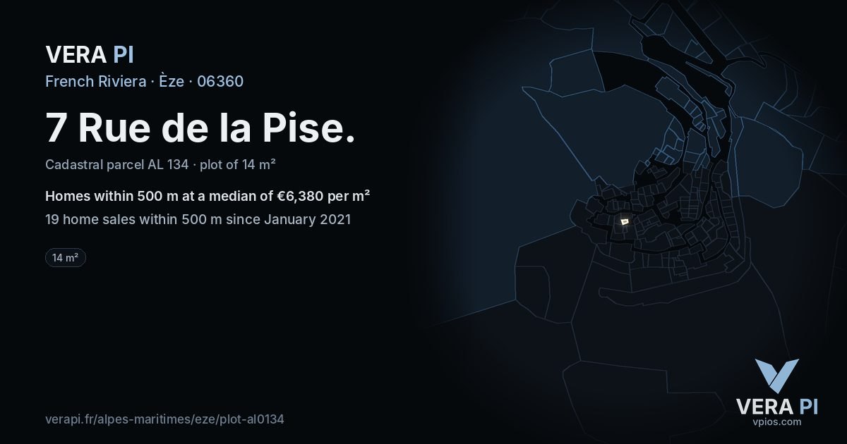7 Rue de la Pise, Èze at night – the plot lit, the parcels around coloured by the prices near them