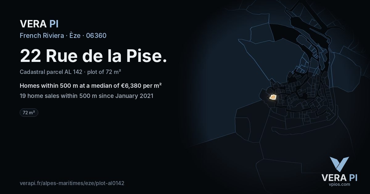 22 Rue de la Pise, Èze at night – the plot lit, the parcels around coloured by the prices near them
