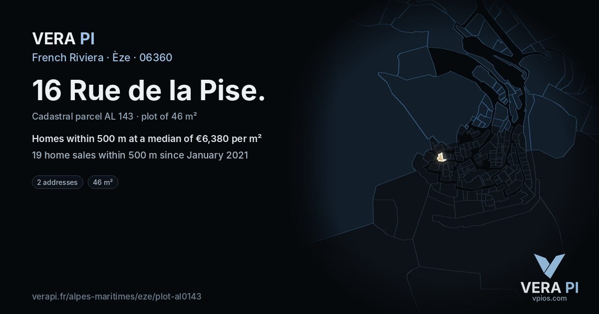 16 Rue de la Pise, Èze at night – the plot lit, the parcels around coloured by the prices near them