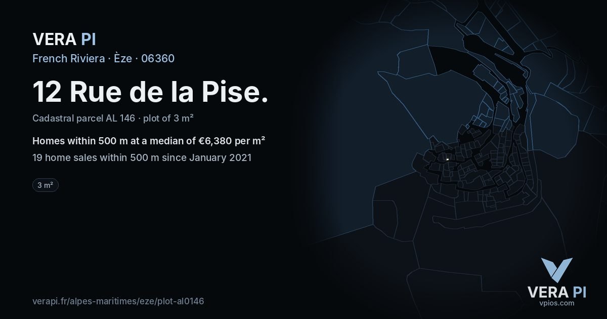 12 Rue de la Pise, Èze at night – the plot lit, the parcels around coloured by the prices near them