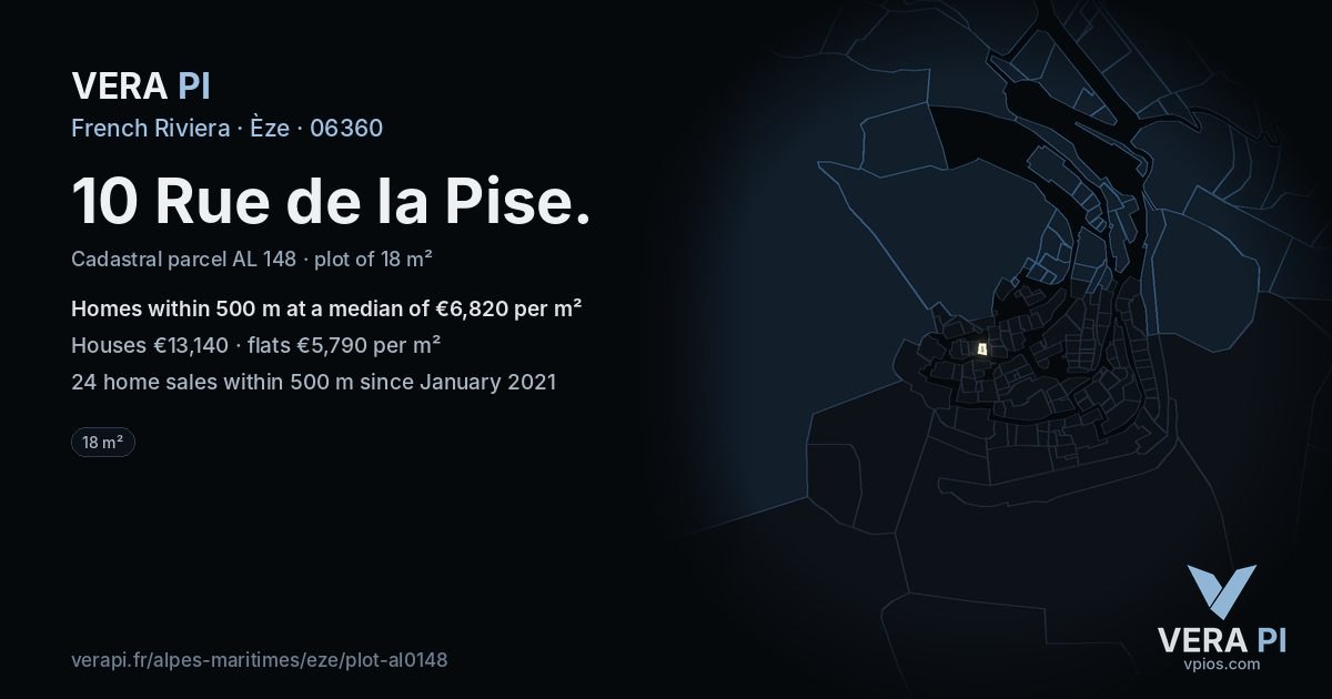 10 Rue de la Pise, Èze at night – the plot lit, the parcels around coloured by the prices near them