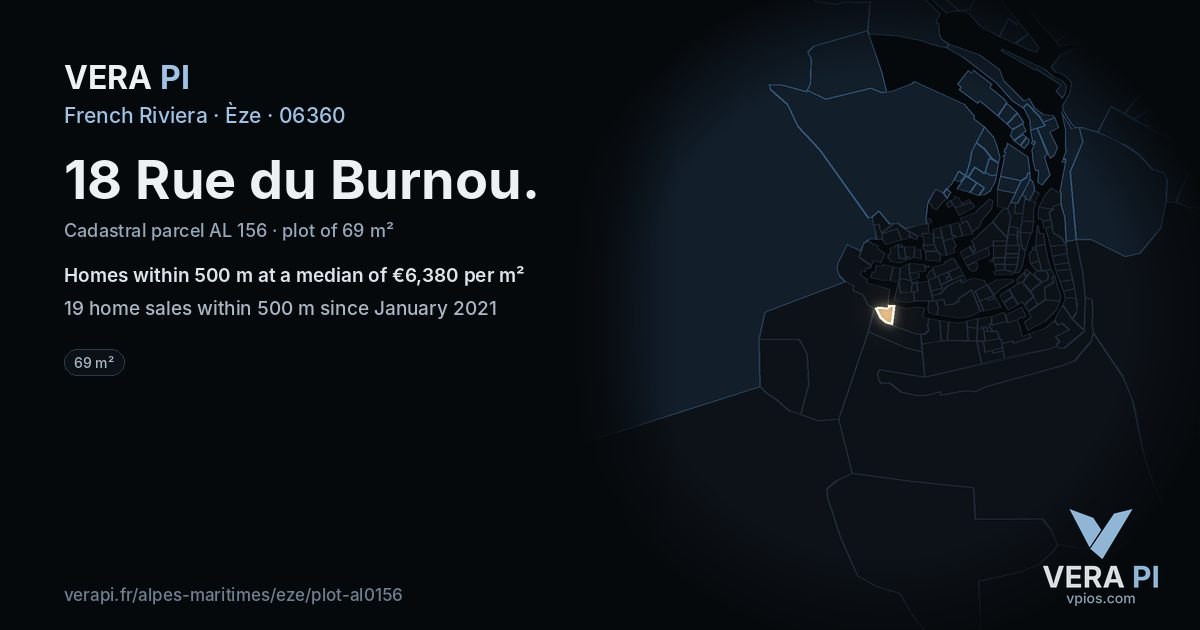 18 Rue du Burnou, Èze at night – the plot lit, the parcels around coloured by the prices near them