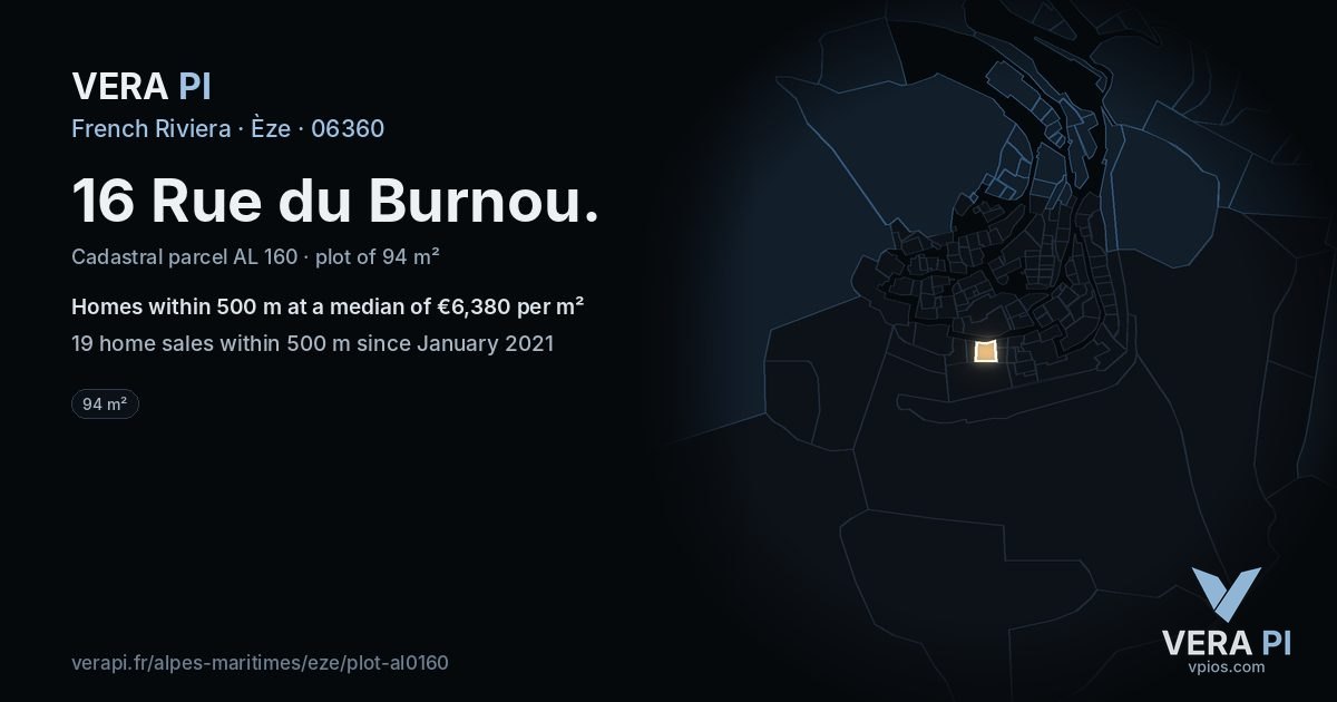 16 Rue du Burnou, Èze at night – the plot lit, the parcels around coloured by the prices near them