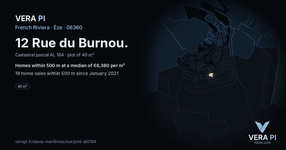 12 Rue du Burnou, Èze at night – the plot lit, the parcels around coloured by the prices near them