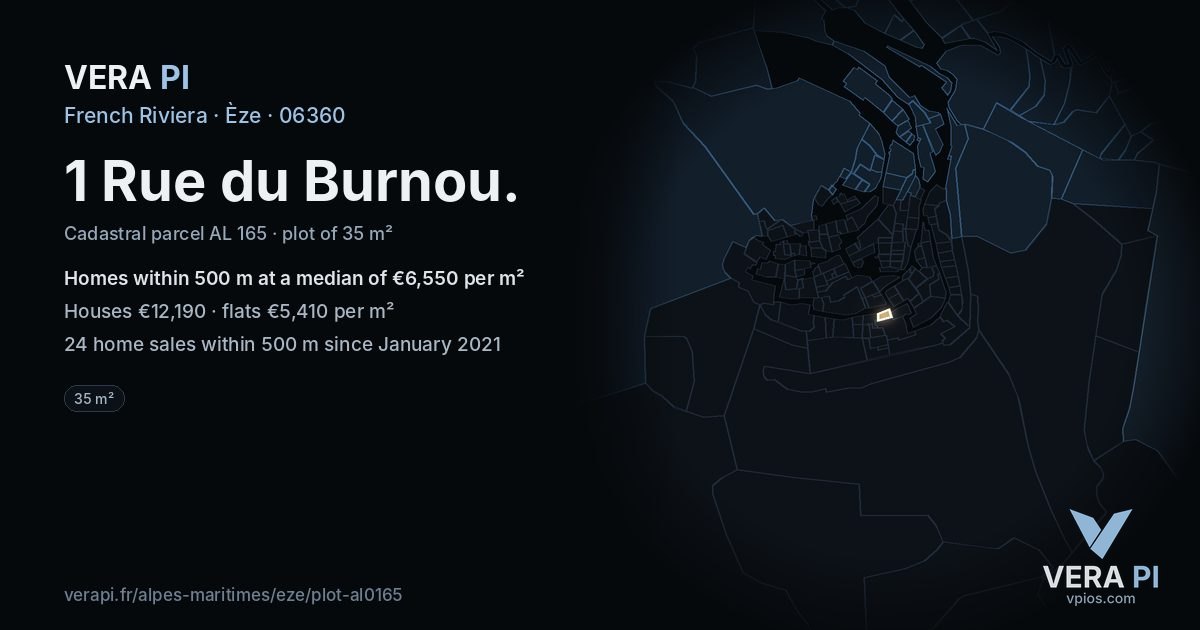 1 Rue du Burnou, Èze at night – the plot lit, the parcels around coloured by the prices near them