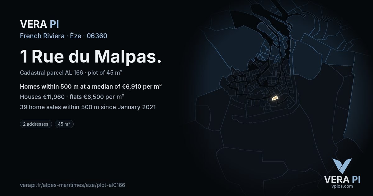 1 Rue du Malpas, Èze at night – the plot lit, the parcels around coloured by the prices near them
