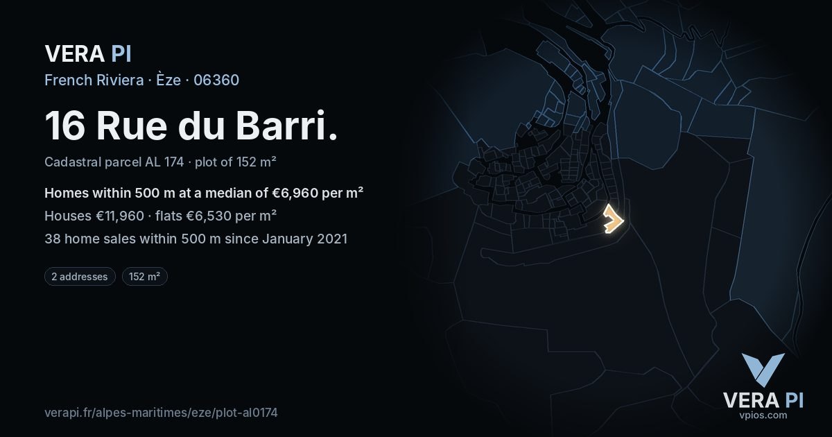 16 Rue du Barri, Èze at night – the plot lit, the parcels around coloured by the prices near them