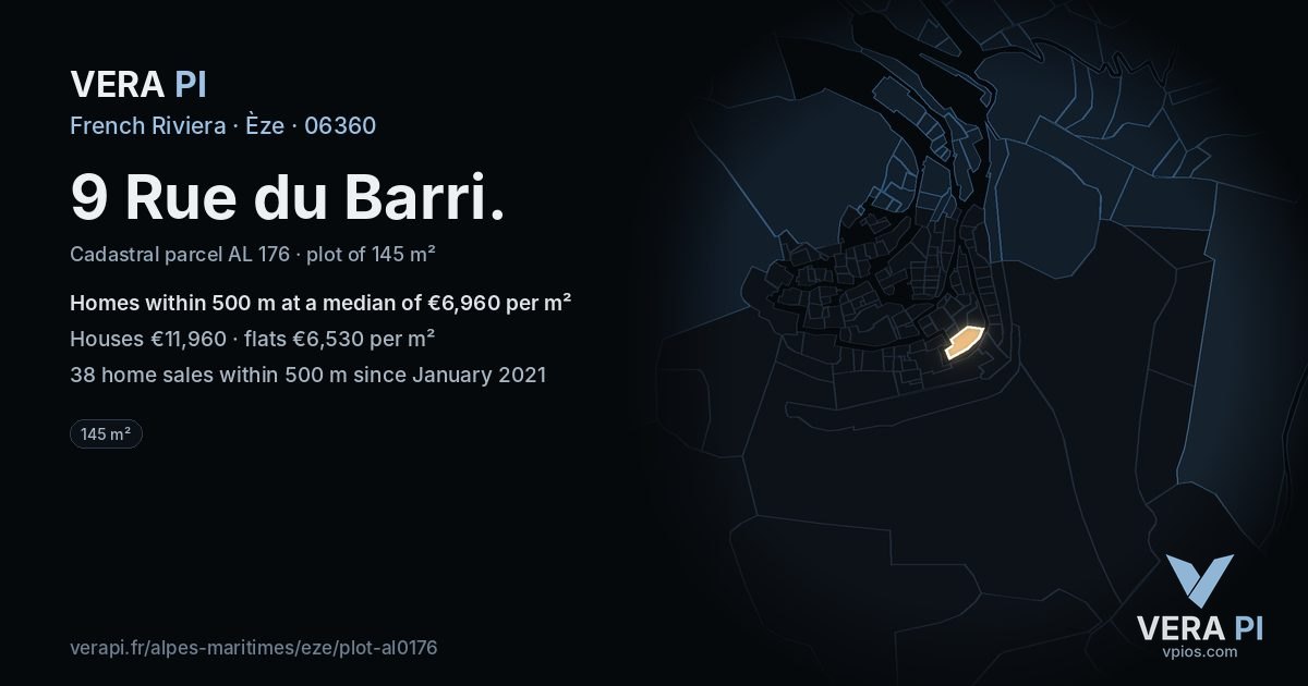 9 Rue du Barri, Èze at night – the plot lit, the parcels around coloured by the prices near them