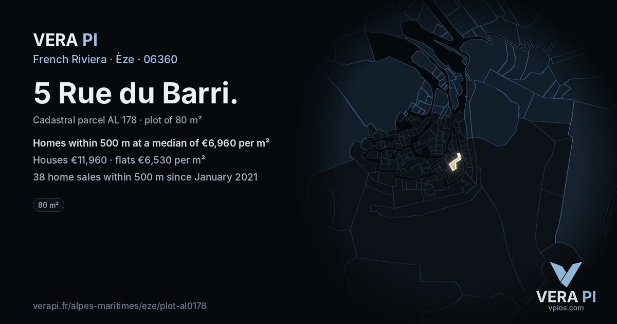 5 Rue du Barri, Èze at night – the plot lit, the parcels around coloured by the prices near them