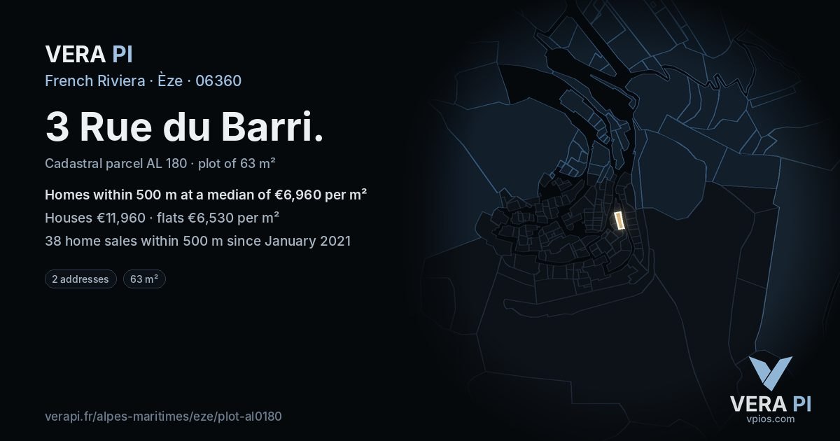 3 Rue du Barri, Èze at night – the plot lit, the parcels around coloured by the prices near them