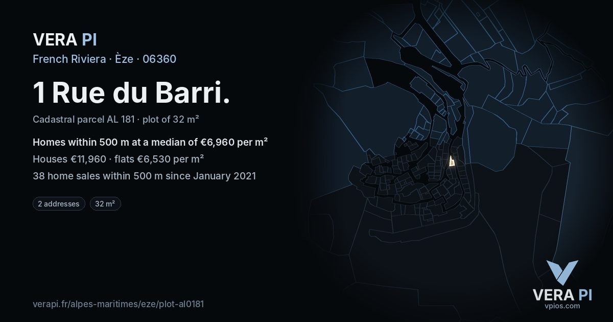 1 Rue du Barri, Èze at night – the plot lit, the parcels around coloured by the prices near them