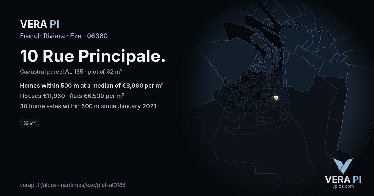 10 Rue Principale, Èze at night – the plot lit, the parcels around coloured by the prices near them