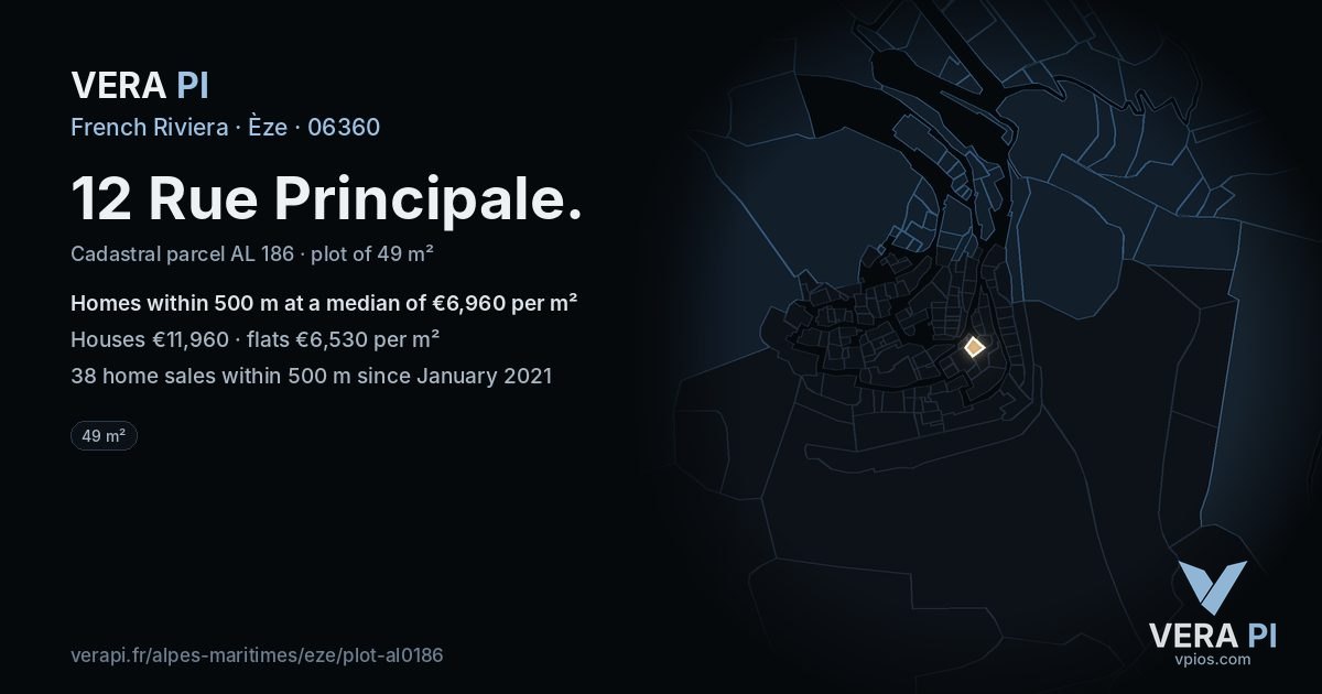 12 Rue Principale, Èze at night – the plot lit, the parcels around coloured by the prices near them